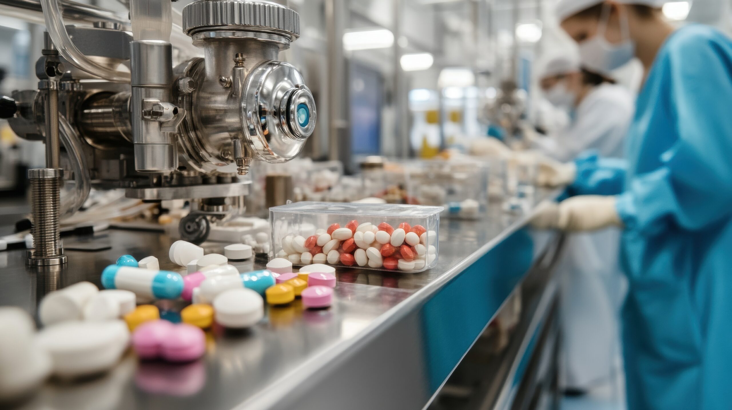 Pharmaceutical sorting facility with pills on counter. Insider Risk Management.