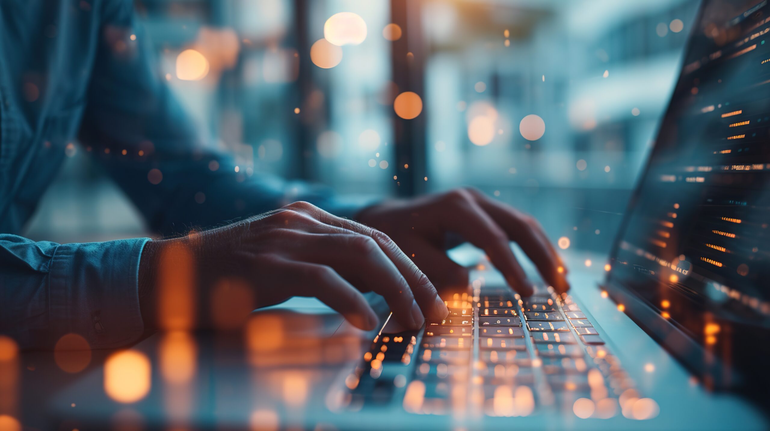 Hands of a business person working at a computer with lots of light and activity